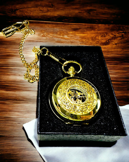 Retro Gesneden Zakhorloge met Handopwindbaar Mechanisme, Gouden kleur met Romeinse Schaal en Lichtgevende Wijzerplaat, Vintage Stijl