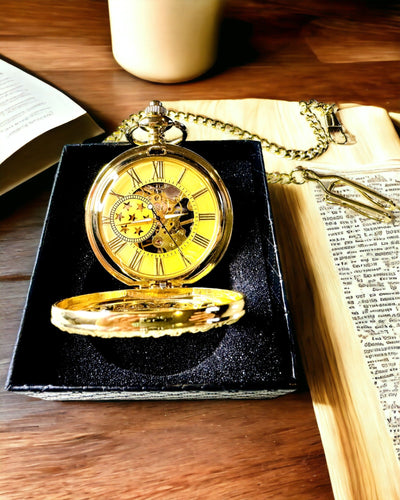 "Złoty Majestat" - Luxe Mechanisch Zakhorloge met Transparante Kern. Personalisatie met gravure