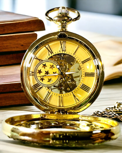 "Złoty Majestat" - Luxe Mechanisch Zakhorloge met Transparante Kern. Personalisatie met gravure
