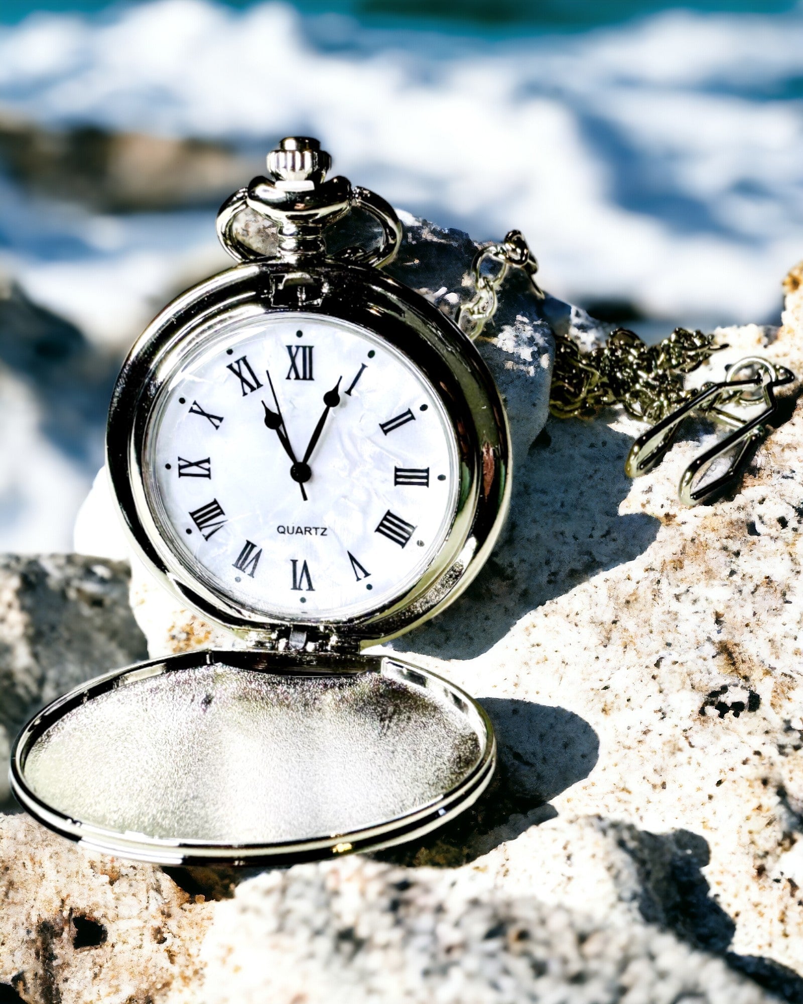 Klassieke Zakhorloge met Romeinse Cijfers en Ketting, Kwarts, Stalen Glans - zilverkleurig