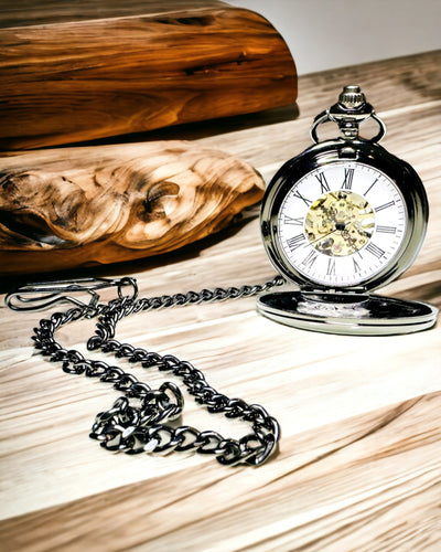 Klassieke Mechanische Zakhorloge met Dubbele Deksel – Handmatig, Zwart, personalisatie met gravure