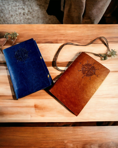 Vintage Zeilnotitieboek A6 of A7 formaat - met Kompasmotief en Gelagerde Bladen - Verkrijgbaar in verschillende Kleuropties, mogelijkheid tot graveren