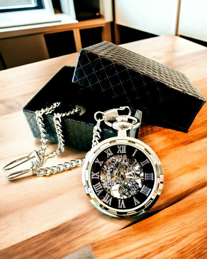 Zilveren Exclusieve Mechanische Zakhorloge in Retro Stijl, Waterdicht - Elegantie voor Elke Gelegenheid, met gravure