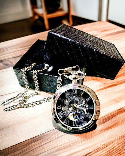 Zilveren Exclusieve Mechanische Zakhorloge in Retro Stijl, Waterdicht - Elegantie voor Elke Gelegenheid, met gravure