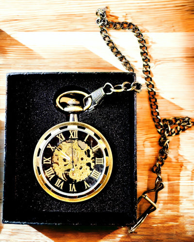 Retro zakhorloge – mechanisch, kleur gesatineerd goud, waterdicht, personalisatie met gravure