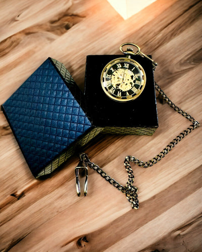 Retro zakhorloge – mechanisch, kleur gesatineerd goud, waterdicht, personalisatie met gravure