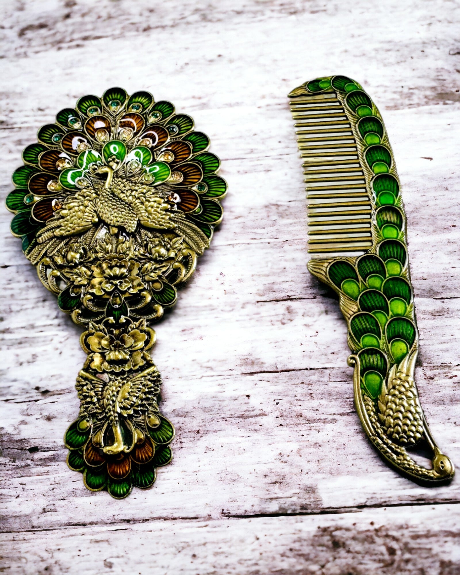 Vintage Set met Spiegel en Kam in Pauw Motief - Decoratieve Cosmetische Accessoires