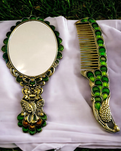 Vintage Set met Spiegel en Kam in Pauw Motief - Decoratieve Cosmetische Accessoires