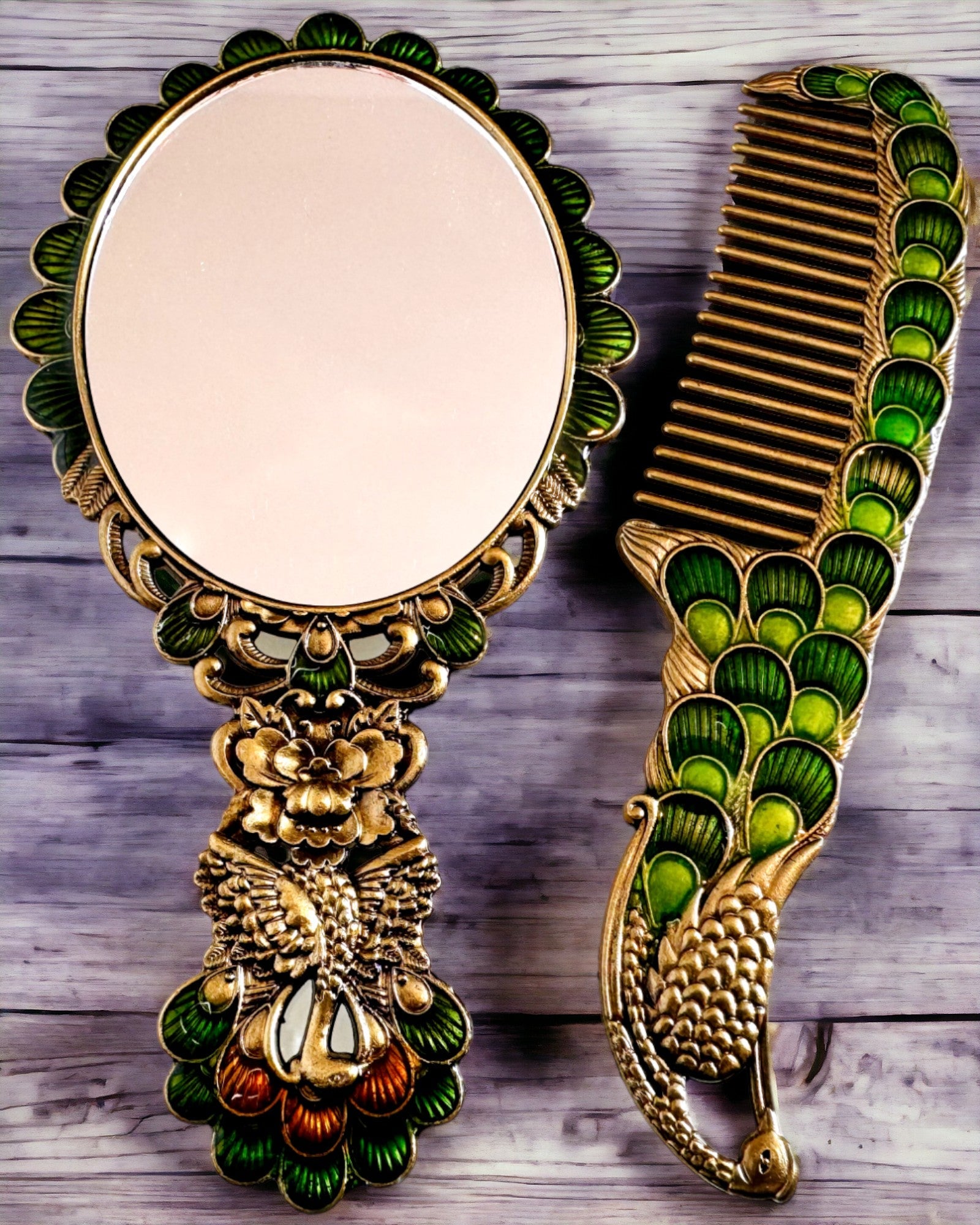 Vintage Set met Spiegel en Kam in Pauw Motief - Decoratieve Cosmetische Accessoires