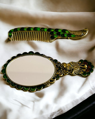 Vintage Set met Spiegel en Kam in Pauw Motief - Decoratieve Cosmetische Accessoires
