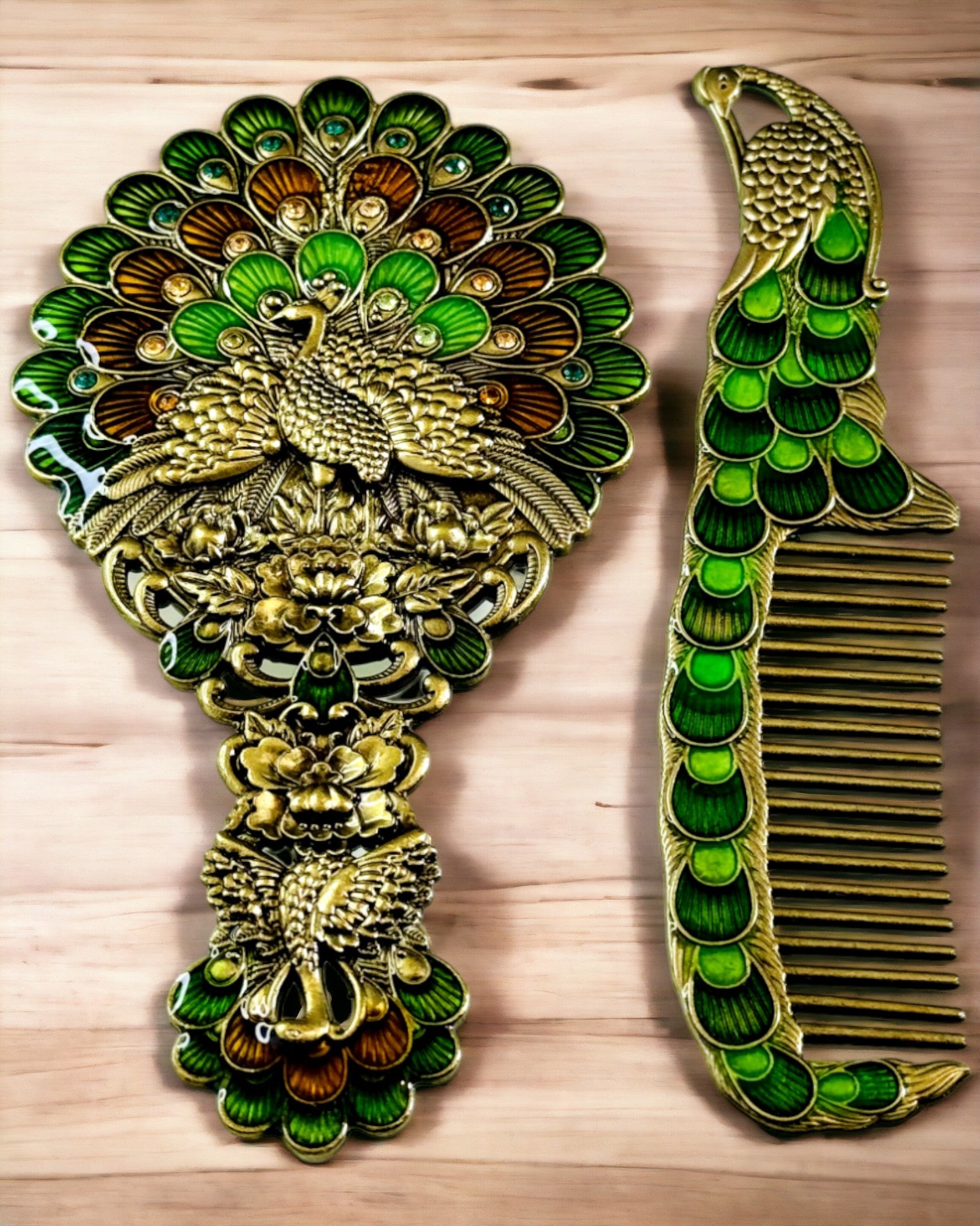 Vintage Set met Spiegel en Kam in Pauw Motief - Decoratieve Cosmetische Accessoires