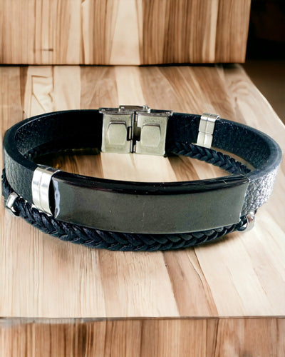 Herenarmband van PU-leer en roestvrij staal met graveermogelijkheid – Verkrijgbaar in twee kleuropties