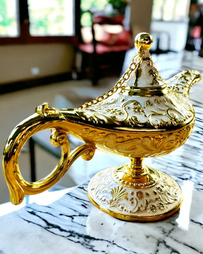 Magische Lamp van Aladdin met Graveeroptie - Witte Variant, verweven met goud