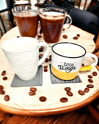 Onderzetter voor koffie, thee van Natuurlijke Steen met Gepersonaliseerde Gravure – Vierkant, cirkel, zeshoek, 10 cm