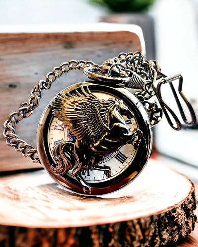 Zakhorloge "Equus Tempus" - Zwart met Paardenmotief, mogelijkheid tot personalisatie met gravure - witte wijzerplaat