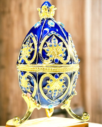 Exclusief Fabergé Ei - donkerblauwe kleur – Decoratieve Sieradendoos van Emaille