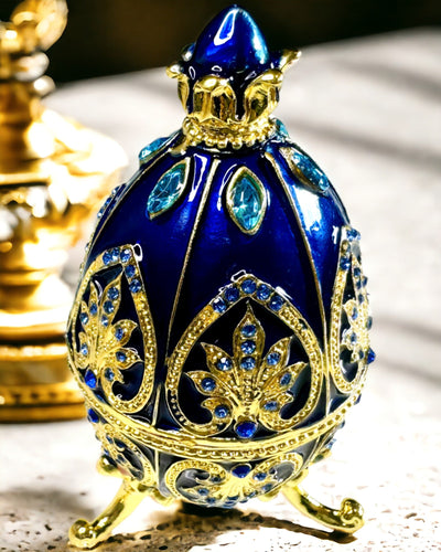 Exclusief Fabergé Ei - donkerblauwe kleur – Decoratieve Sieradendoos van Emaille
