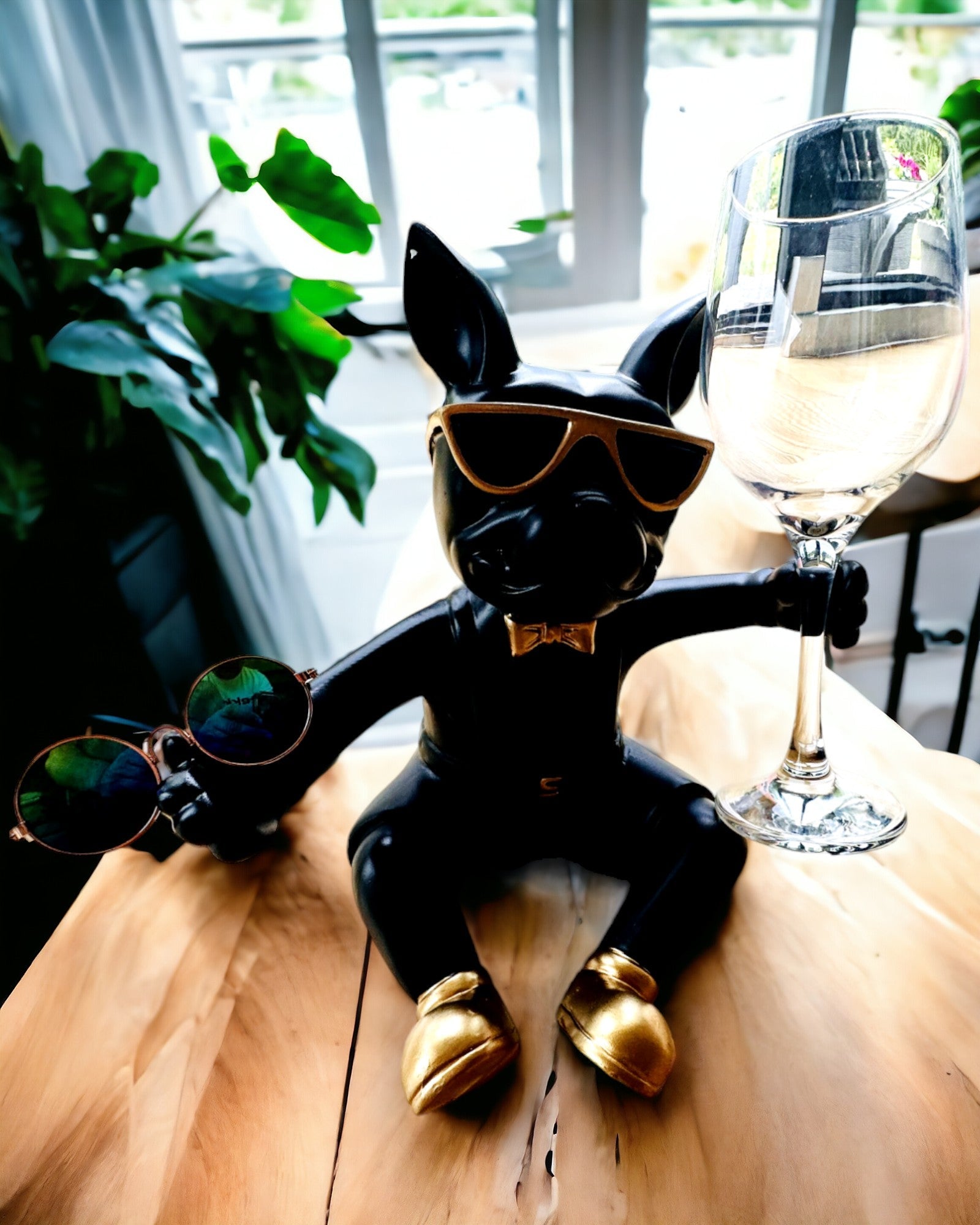 Exclusief Beeldje "Stijlvolle Bulldog", kleur zwart, houder voor wijnglas of champagneglas, personalisatie met gravure