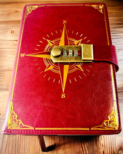 Notitieboek Premium met Cijferslot A5 - Vintage Stijl met Kompas, Japans Design, Kantoorartikelen voor Studenten en Bedrijven. Personalisatie met Gravure