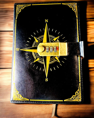 Notitieboek Premium met Cijferslot A5 - Vintage Stijl met Kompas, Japans Design, Kantoorartikelen voor Studenten en Bedrijven. Personalisatie met Gravure