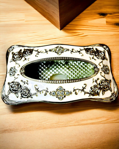 Doosje voor Tissues met Rozenpatroon - Elegante Toevoeging aan het Interieur, wit