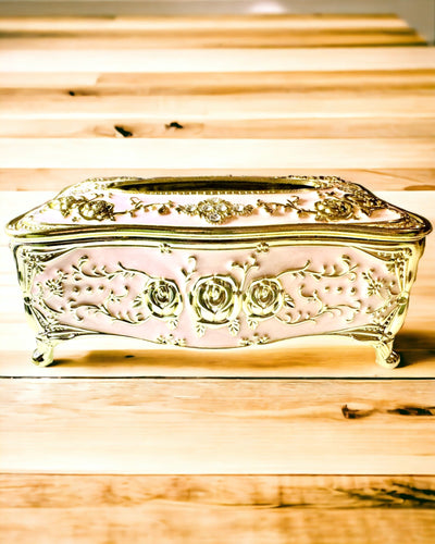 Elegante Roze Doos voor Zakdoekjes met Geëmbosseerde Rozen – Luxe Accent voor de Woonkamer, Hotel of Club