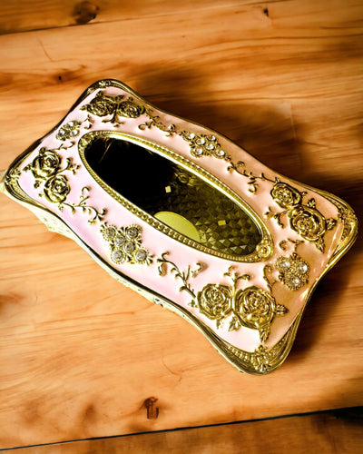 Elegante Roze Doos voor Zakdoekjes met Geëmbosseerde Rozen – Luxe Accent voor de Woonkamer, Hotel of Club