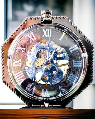 Klassiek Achtkantig Mechanisch Zakhorloge Steampunk in Zwart, Gravure