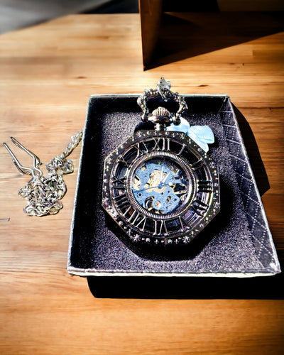 Klassiek Achtkantig Mechanisch Zakhorloge Steampunk in Zwart, Gravure