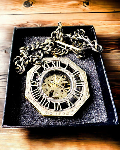 Klassieke Achtkantige Bruine Mechanische Zakhorloge in Steampunk Stijl - Tijdloos