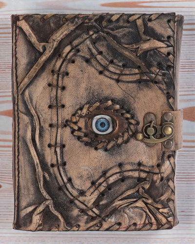 Bruin Leren Notitieboek – Boze Oog – 17 × 12,5 cm | 160 bladzijden, verouderde randen