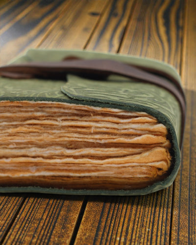 Green Maze Vintage – leren notitieboek met verouderde bladzijden 12,7 × 8,9 cm