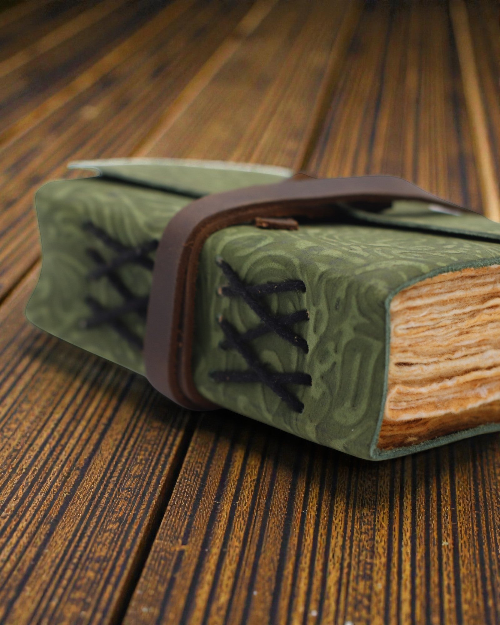 Green Maze Vintage – leren notitieboek met verouderde bladzijden 12,7 × 8,9 cm