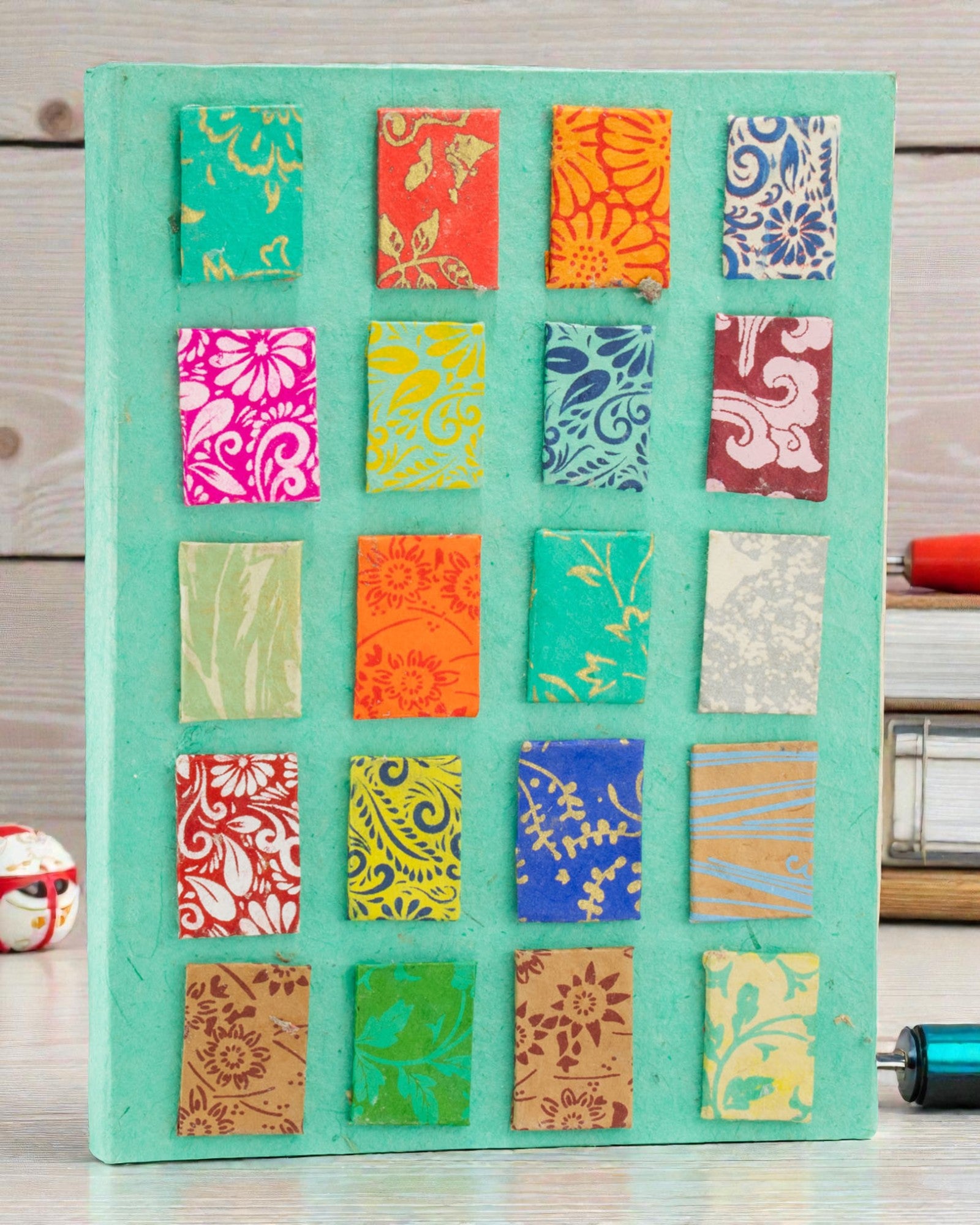 Lokta minitegels notitieboek – Groot (21x15cm) – 45 bladen – Inclusief notitiebladwijzer – Blauwgroen