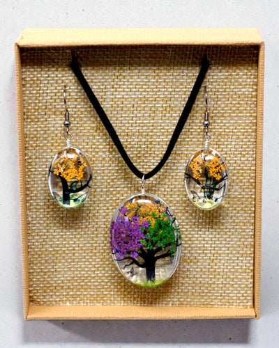 Kaleidoscoop van de Natuur – Sieradenset met Gedroogde Bloemen Levensboom, Mix van Kleuren