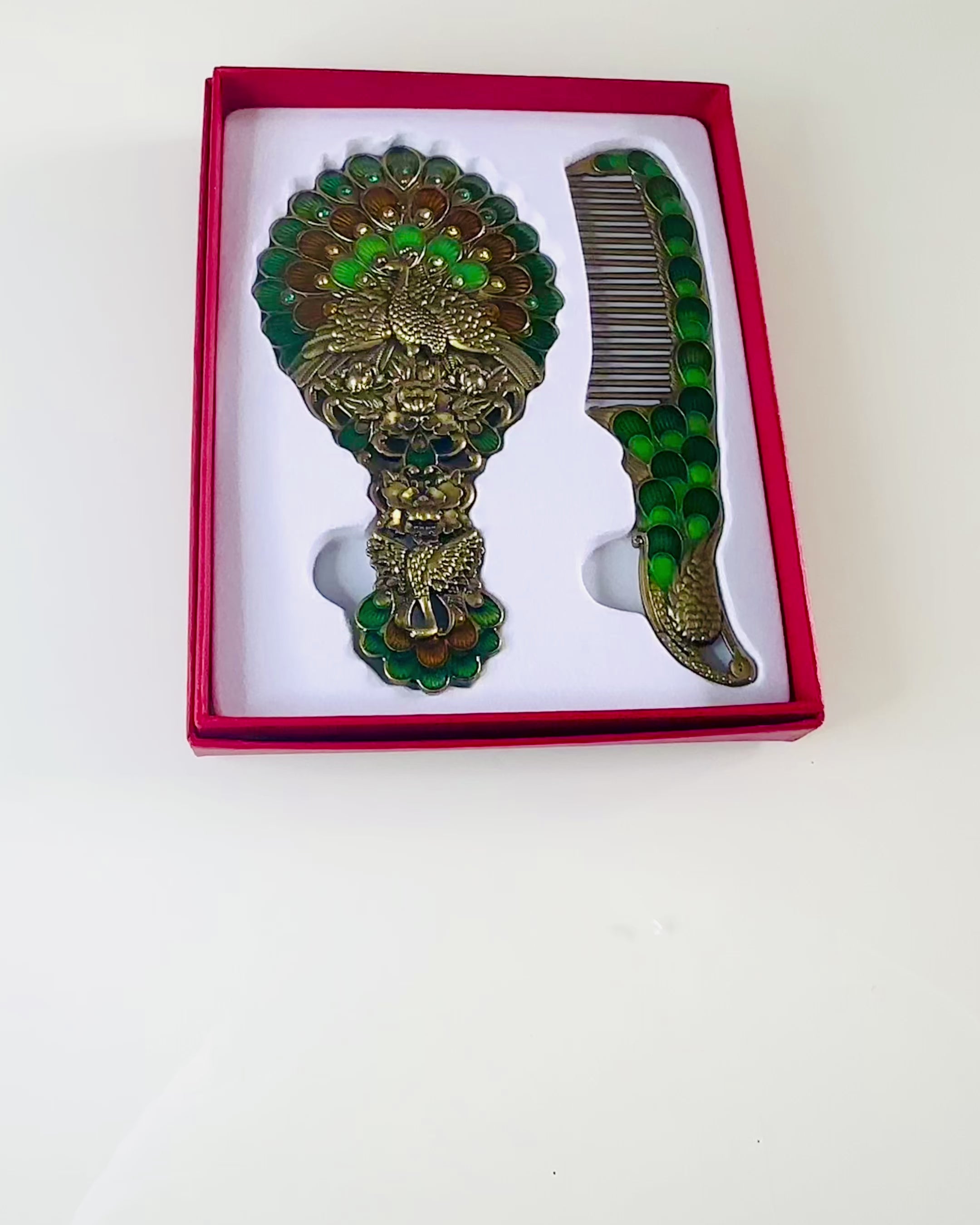 Vintage Set met Spiegel en Kam in Pauw Motief - Decoratieve Cosmetische Accessoires