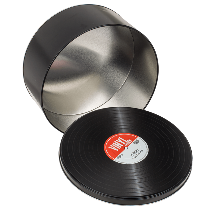 Metalen doosjes, gestileerd als vinylplaten in retrosfeer, mogelijkheid tot personalisatie met gravure
