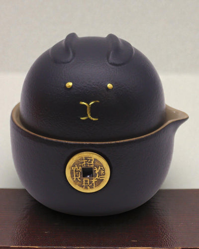 Zwarte Gelukskat – Theeset met 2 Kopjes (Zwart)